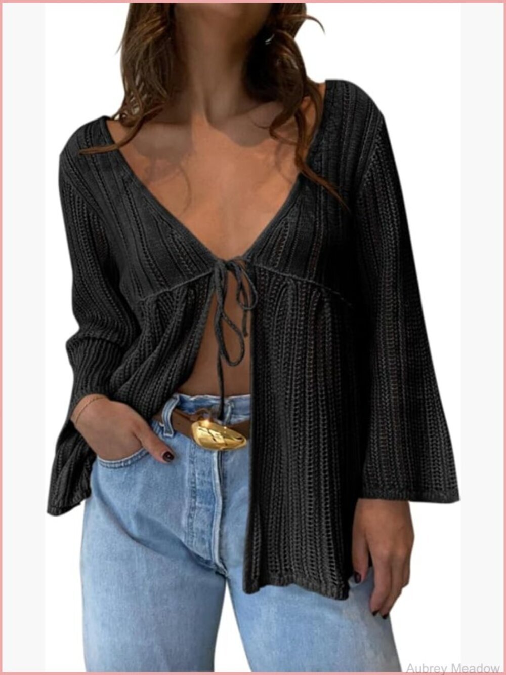 Lightweight Tie Front Crochet Knit Cardigan Long Bell Sleeve Beach Cover Up